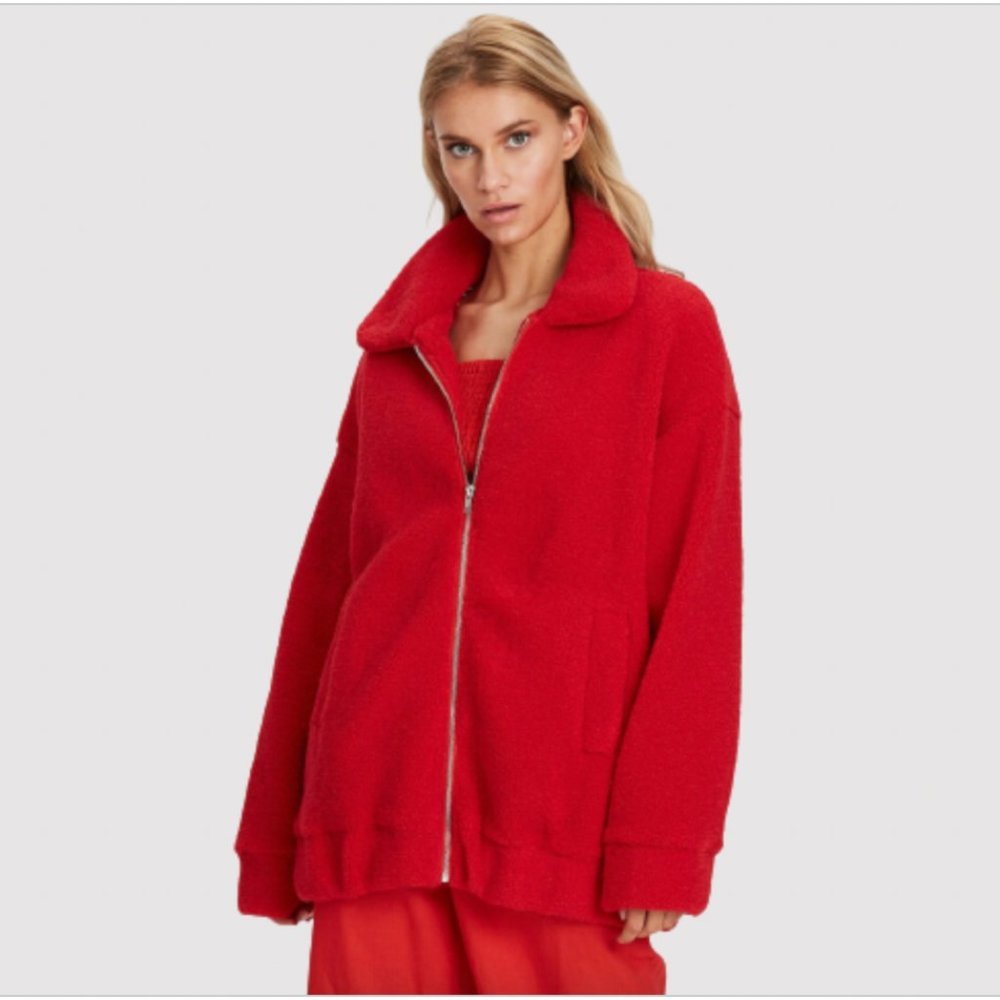 Charlie Holiday Somerset Oversized Faux Fur Teddy Jacket, RED S NWT - Picture 2 of 11